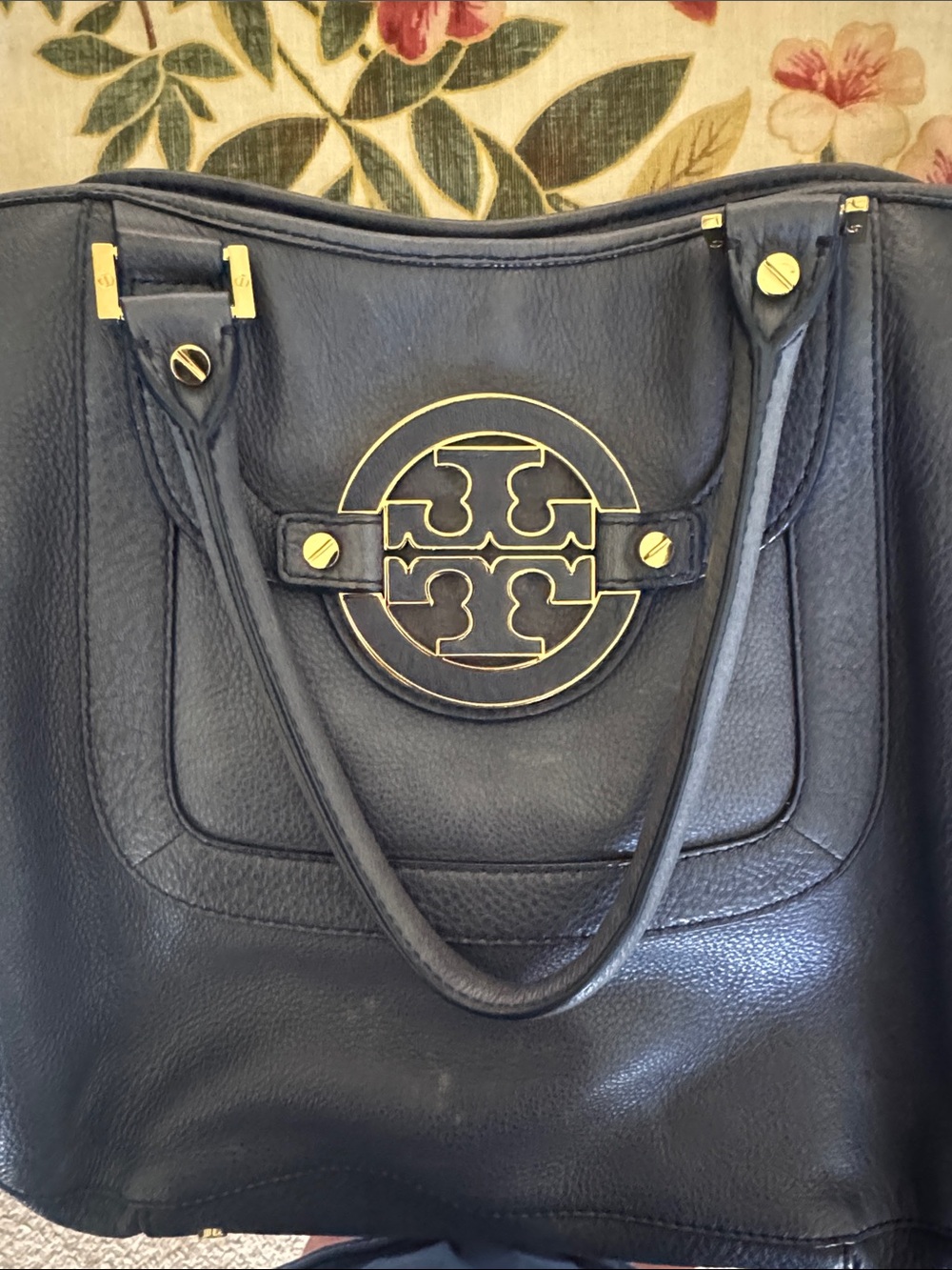 Tory Burch Navy Leather Tote with Gold Logo